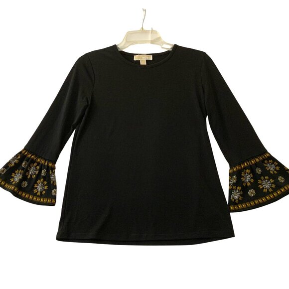 Michael Kors Black Top with Embroidered Bell Sleeves – Size PS - Picture 1 of 8